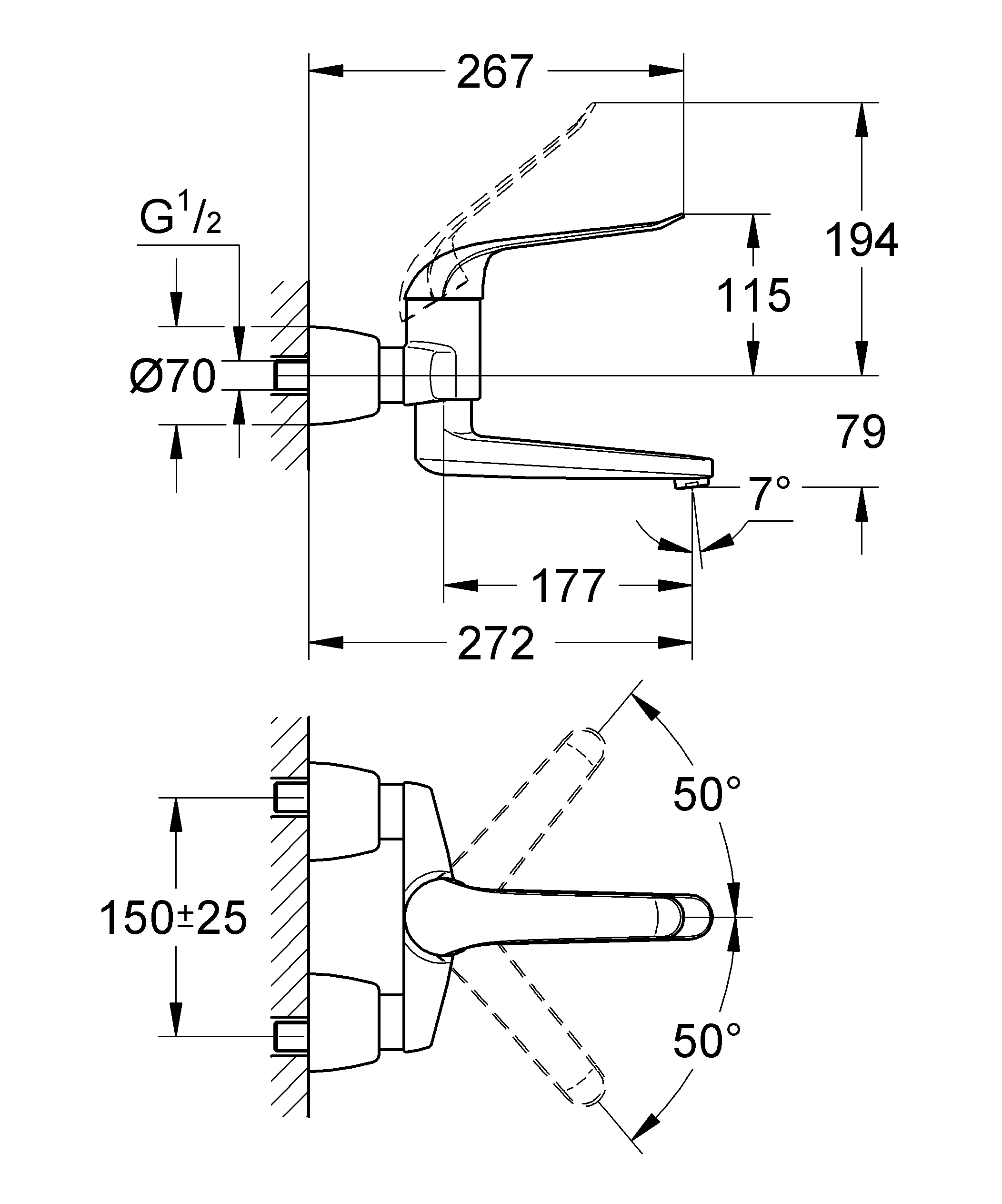 Einhand-Waschtischbatterie Euroeco Special 32774, Wandmontage, Ausladung 274 mm, 46 mm Keramikkartusche, Hebellänge 170 mm, chrom