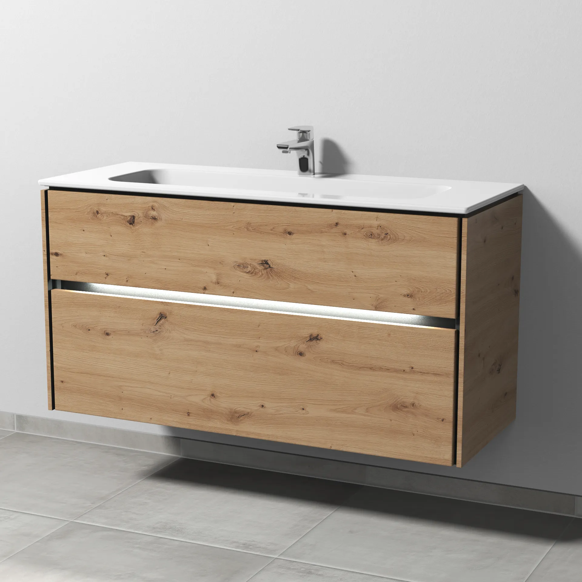 Keramik-Waschtisch-Set mit Waschtischunterschrank „Twiga“ 119 × 46 × 61 cm in Eiche Natural-Touch, mit Hahnlochbohrung, mit Beleuchtung Keramik-Waschtisch-Set mit Waschtischunterschrank „Twiga“ 119 × 46 × 61 cm in Eiche Natural-Touch, mit Hahnlochbohrung, mit Beleuchtung