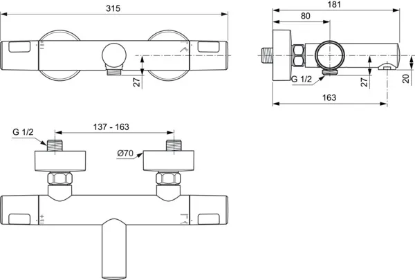 Ideal Standard Badethermostat Aufputz Ceratherm T25 Ausladung 163mm Chrom Ideal Standard Badethermostat Aufputz Ceratherm T25 Ausladung 163mm Chrom