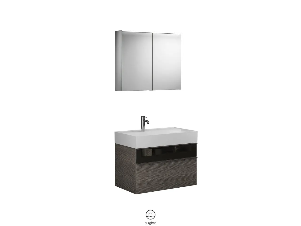 Burgbad Yumo Badmöbelset, Spiegelschrank mit Mineralguss-Waschtisch und -Unterschrank, Breite 815 mm, Tiefe 470 mm