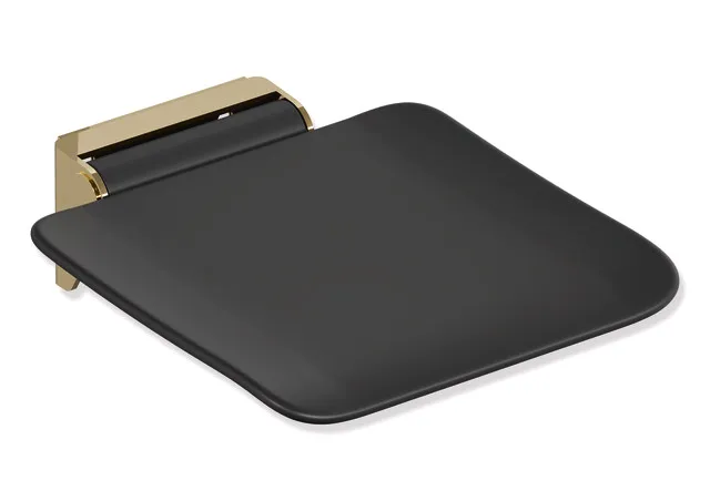 Mobiler Klappsitz des Systems 900, Konsole Edelstahl, PVD, Sitzfläche Kunststoff, schwarz, Sitzfläche 350 mm breit, 340 mm tief, zum Nachrüsten auf Montageplatte 900.51.00160, in Farbe CK (Messing glänzend) Mobiler Klappsitz des Systems 900, Konsole Edelstahl, PVD, Sitzfläche Kunststoff, schwarz, Sitzfläche 350 mm breit, 340 mm tief, zum Nachrüsten auf Montageplatte 900.51.00160, in Farbe CK (Messing glänzend)