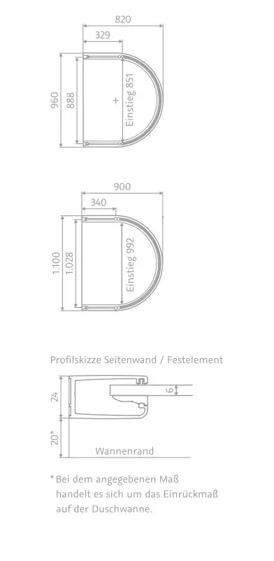 HSK Runddusche Halbkreis pendelbar, 4-teilig „Exklusiv 2.0“ Glas Klar hell, Profile Alu Silber-matt, B: 900 mm H: 2000 mm T: 1100 mm