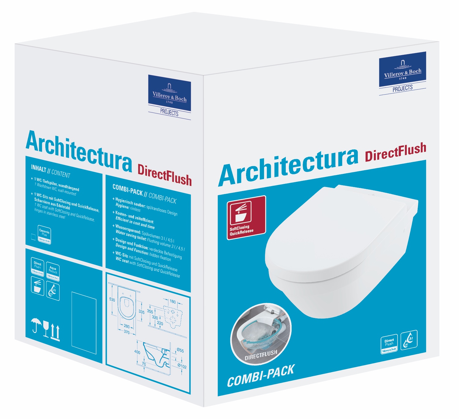 Wand- Tiefspül-WC Combi-Pack DirectFlush „Architectura“ 37 × 33 × 53 cm, ohne Spülrand