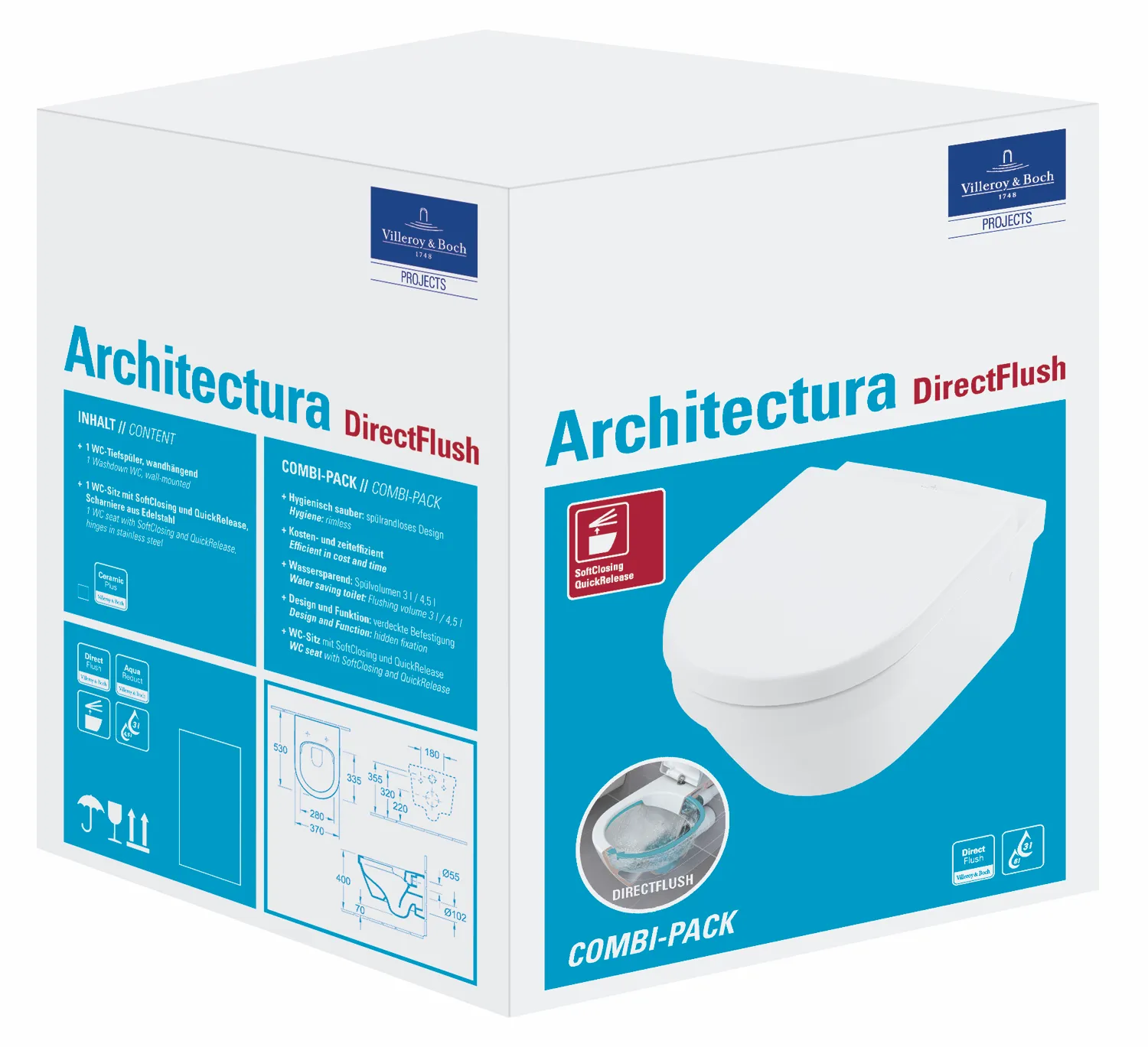 Wand-Tiefspül-WC Combi-Pack DirectFlush „Architectura“ 37 × 30 × 53 cm, ohne Spülrand, Abgang waagerecht