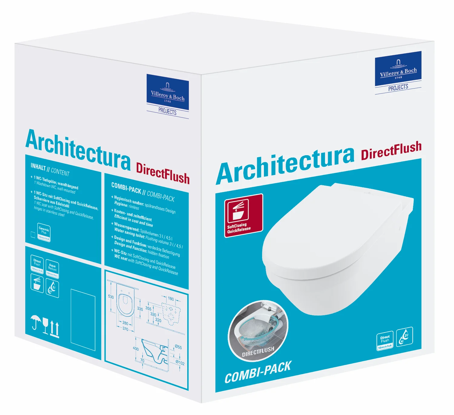 Wand-Tiefspül-WC Combi-Pack DirectFlush „Architectura“ 37 × 30 × 53 cm in Weiß Alpin, ohne Spülrand, Abgang waagerecht