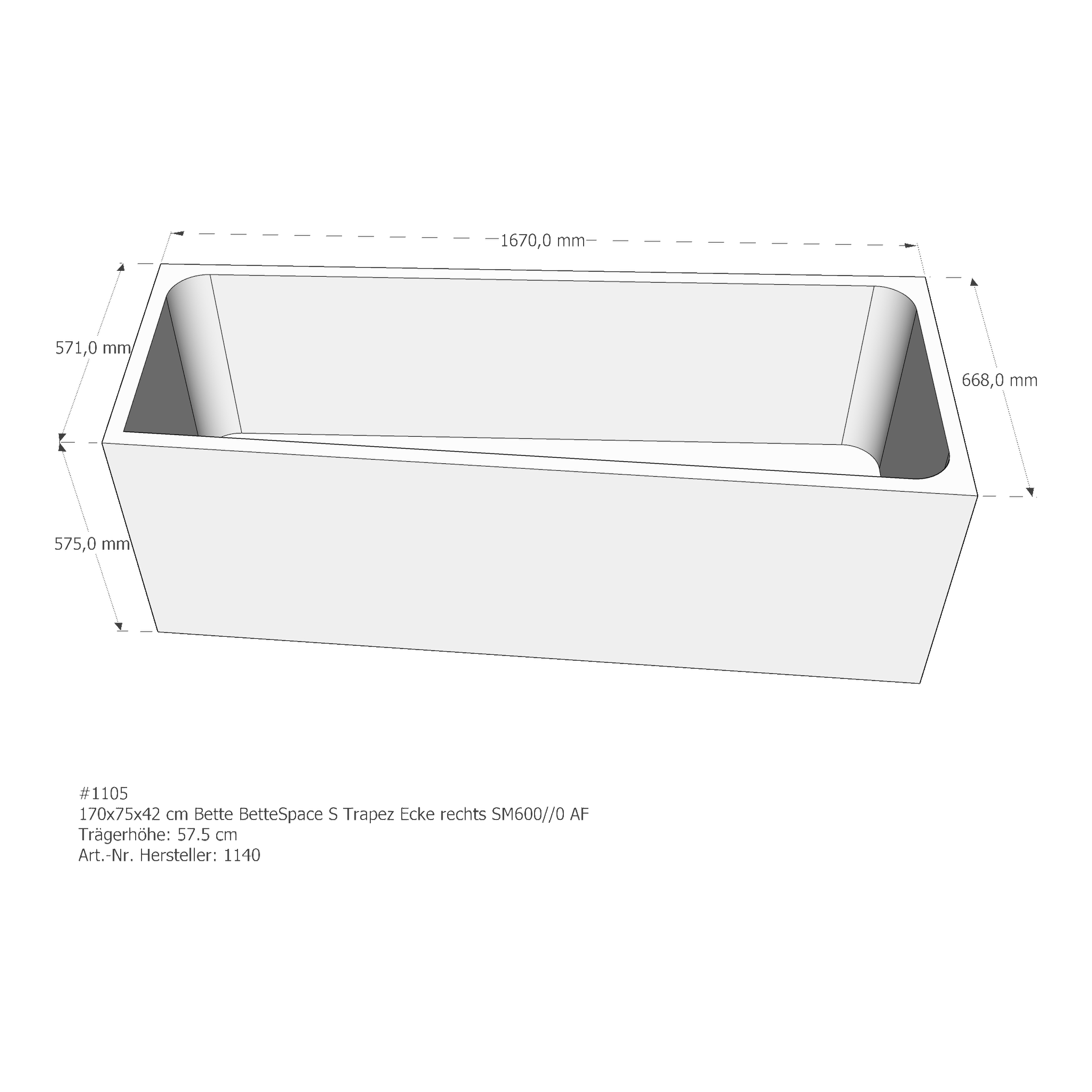 Badewannenträger für Bette Space S rechts 170 × 75 × 42 cm Badewannenträger für Bette Space S rechts 170 × 75 × 42 cm