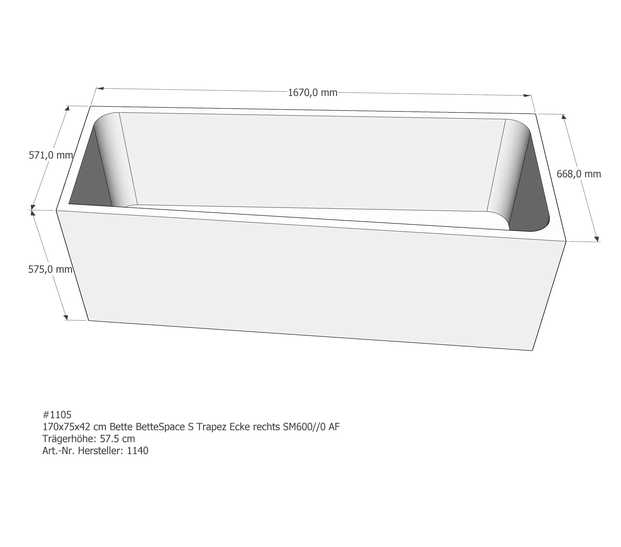 Badewannenträger für Bette Space S rechts 170 × 75 × 42 cm