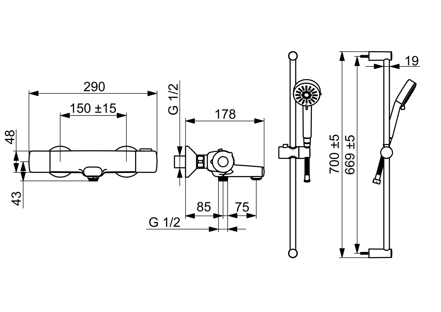 HansaBASIC Wannen- und Brausearmatur mit Brausestangengarnitur HansaBASIC 5516, 160 mm Ausladung, Chrom