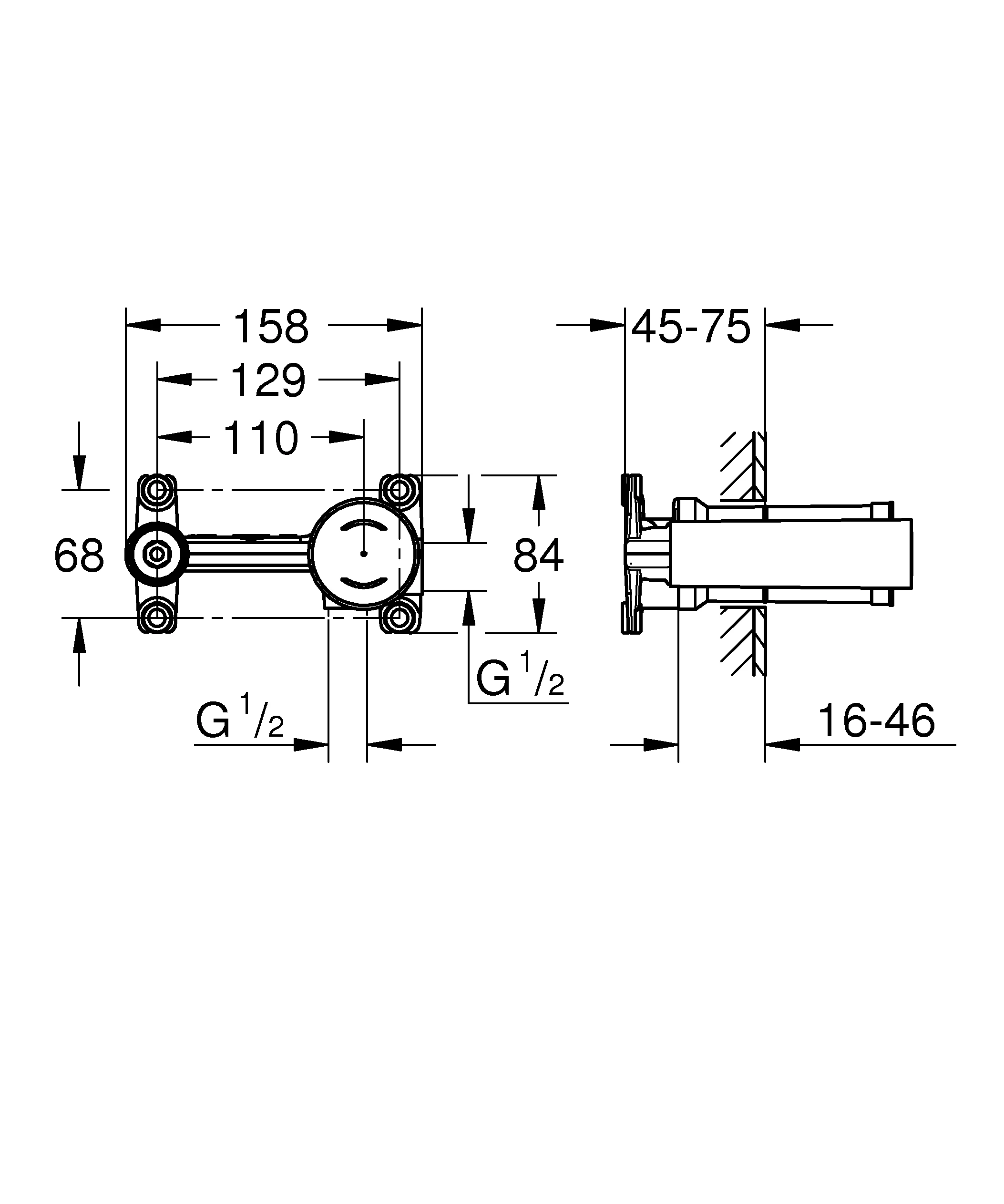 Einhand Unterputz-Universal-Einbaukörper 23571, DN 15, für 2-Loch-Waschtischbatterien, Wandeinbau, 35 mm Keramikkartusche, mit Temperaturbegrenzer