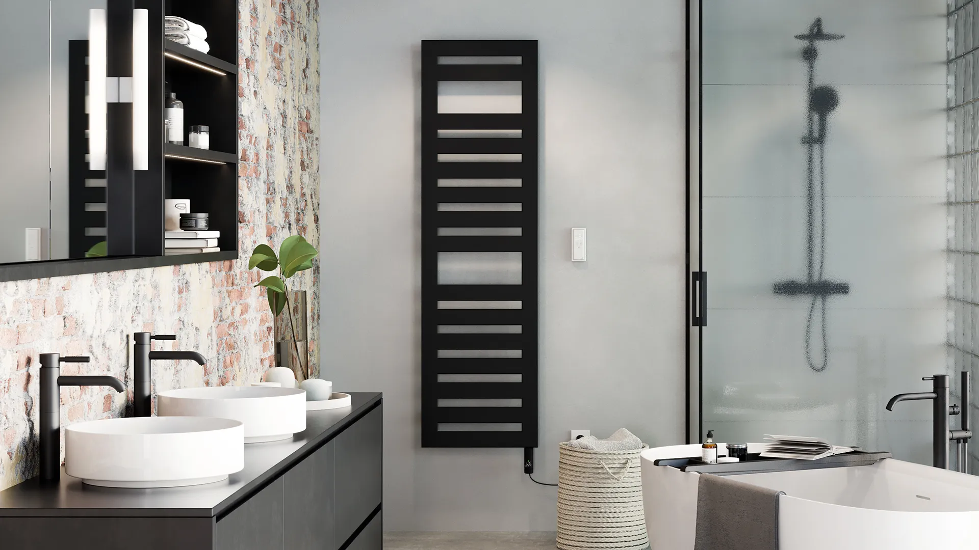 Zehnder Design-Elektroheizkörper „Metropolitan Spa“ 50 × 175 cm in Traffic Black (RAL 9017) Zehnder Design-Elektroheizkörper „Metropolitan Spa“ 50 × 175 cm in Traffic Black (RAL 9017)