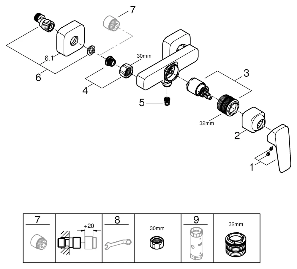Einhand-Brausebatterie Cubeo 101824, Wandmontage, S-Anschlüsse, Wandrosette, eigensicher, chrom