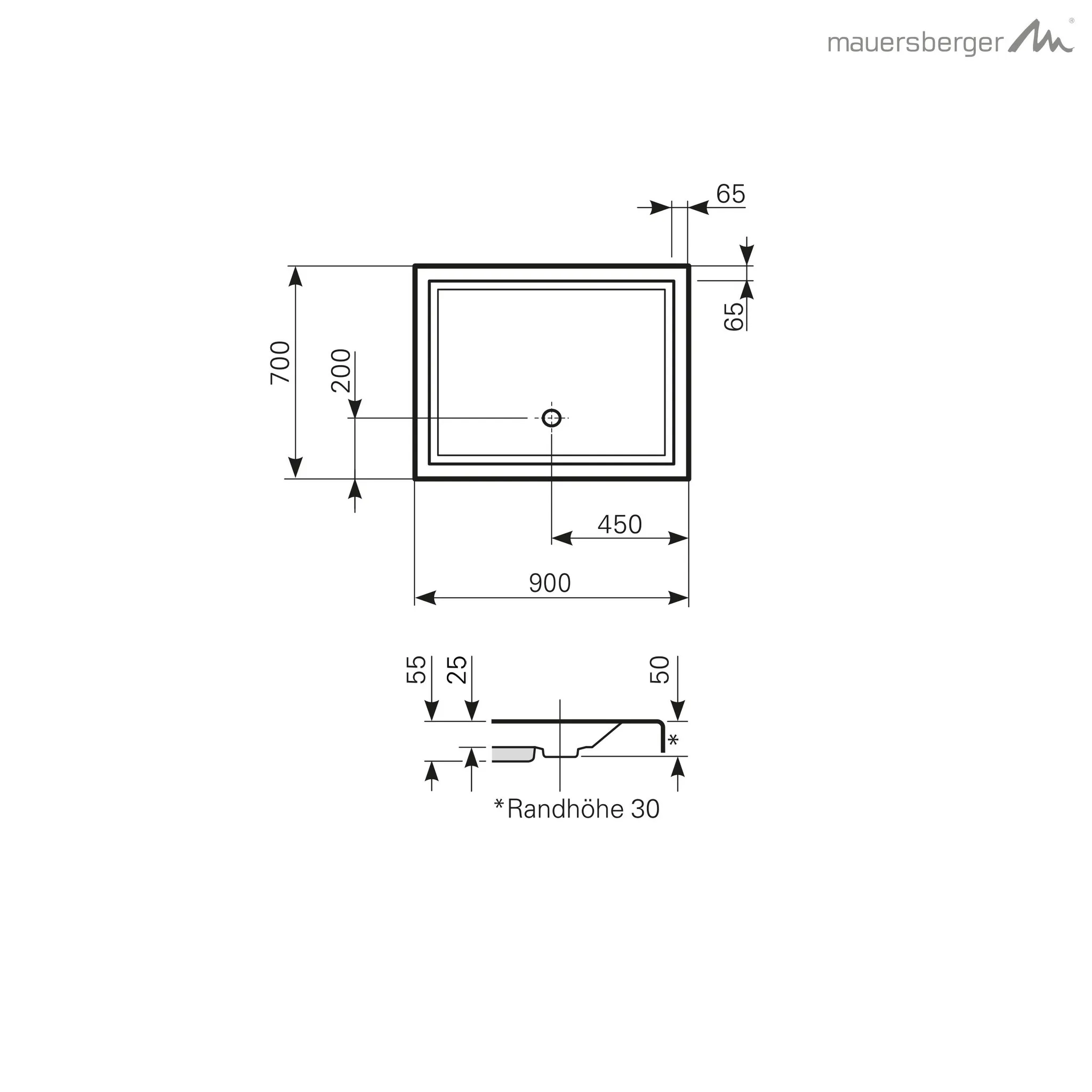 Mauersberger Acryl-Duschwanne Rechteckform 90⁄70 SF, weiß