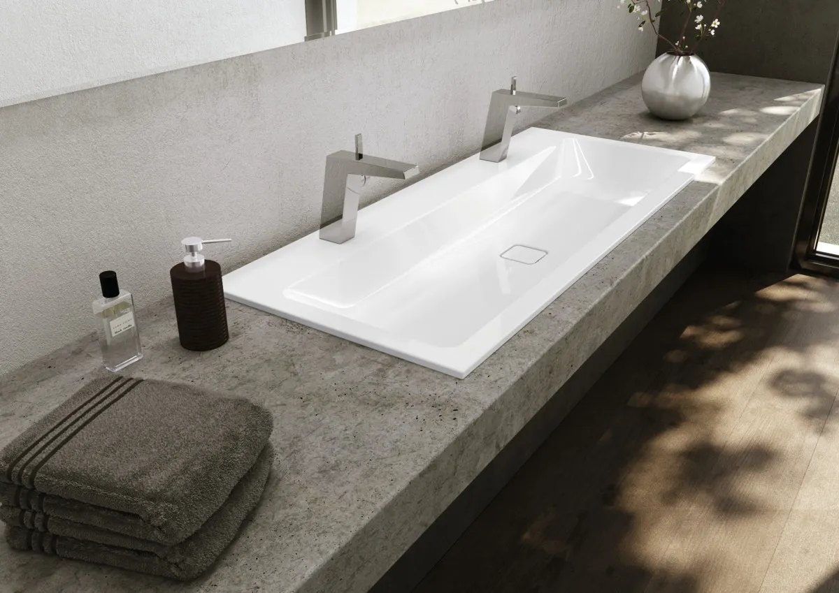 Einbauwaschtisch „Cono“ 90 × 50 cm, ohne Überlauf, mittig, mit Hahnlochbohrung in cool grey 30 mit Perl-Effekt Einbauwaschtisch „Cono“ 90 × 50 cm, ohne Überlauf, mittig, mit Hahnlochbohrung in cool grey 30 mit Perl-Effekt