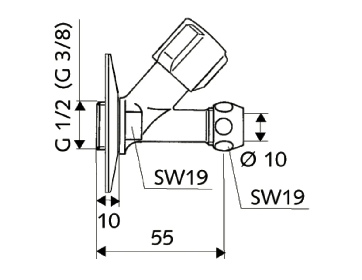 Schrägsitzventil COMFORT, COMFORT-Griff, Rosette Ø 54 mm (Tiefe 3 mm), DN 15 G 1/2 AG, Ø 10 mm (DN 10 G 3/8 AG), chrom
