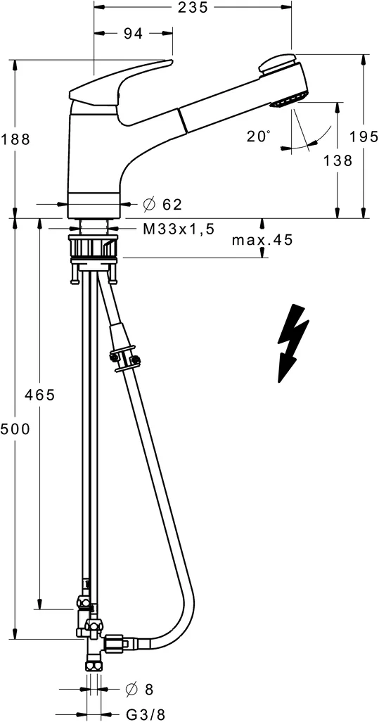 HansaMIX Einhebelmischer Küchenarmatur HansaMIX 0136 Kupferrohr 2-strahlig Ausladung 235mm DN15 Chrom