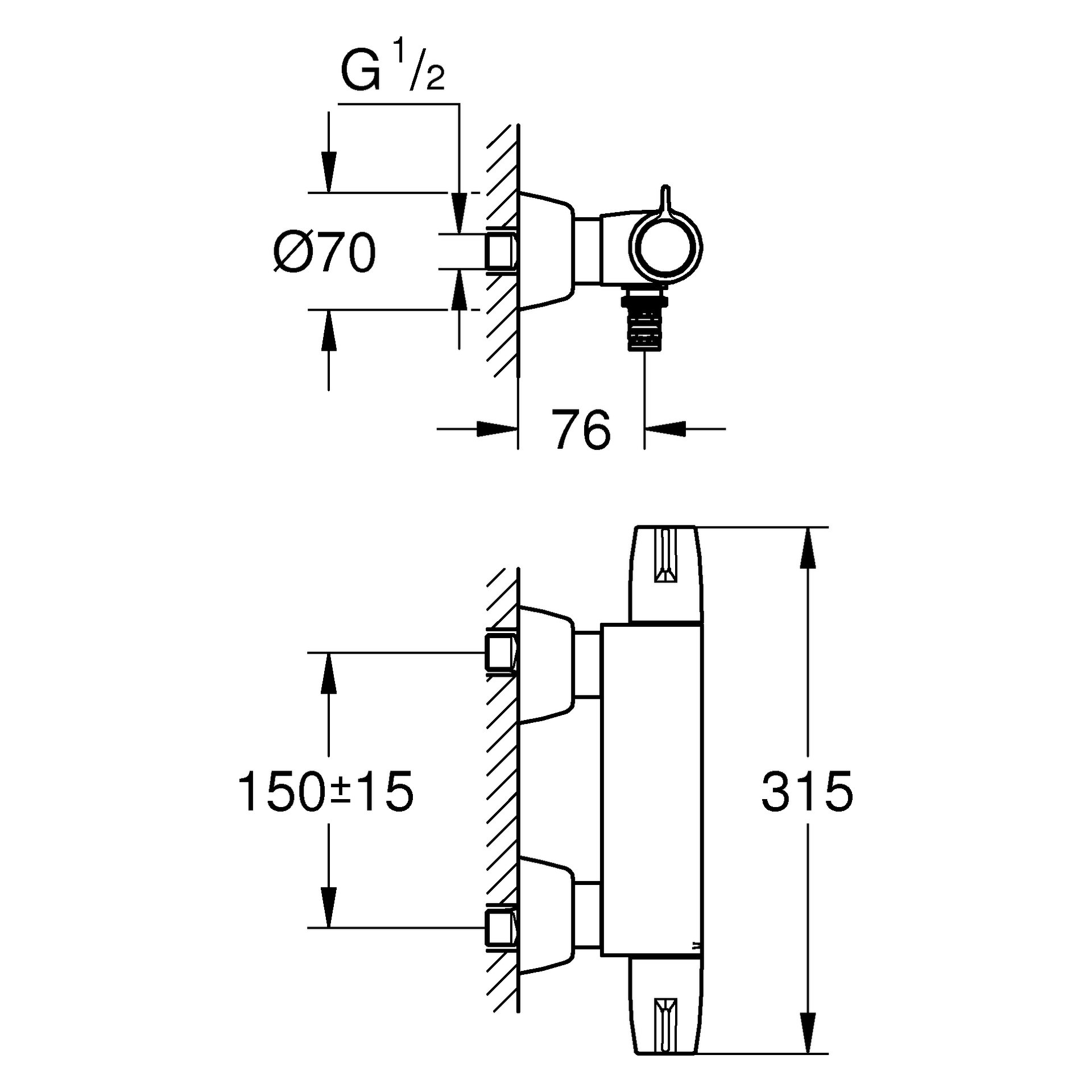 Thermostat-Waschtischbatterie Grohtherm Special 34666, Wandmontage, ohne Auslauf, Abgang unten für Auslauf 13 378 oder 13 380, chrom