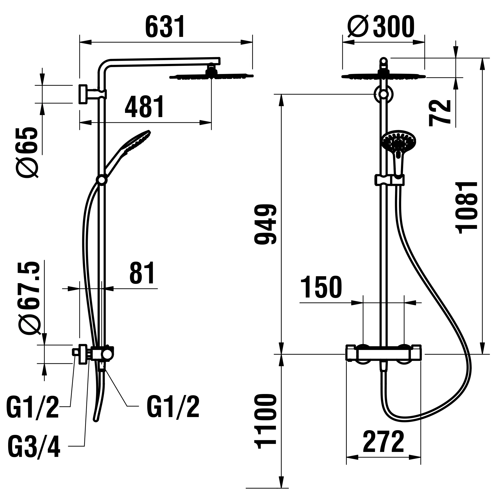 Thermostatisches Duschsystem Vivid mit Ablage, Brausenarm Kopfbrause ø 300 mm Kunststoffschlauch 1600 mm Handbrausechrom Thermostatisches Duschsystem Vivid mit Ablage, Brausenarm Kopfbrause ø 300 mm Kunststoffschlauch 1600 mm Handbrausechrom