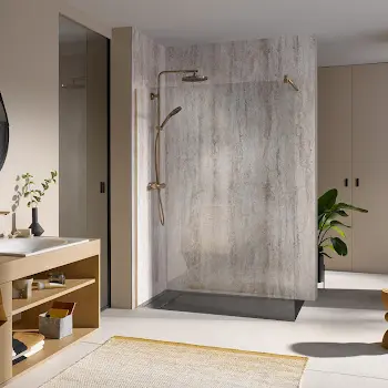 HSK Wandverkleidung „RenoDeco“ 1500 × 2550 mm Struktur, Naturstein, Travertin-Taupe HSK Wandverkleidung „RenoDeco“ 1500 × 2550 mm Struktur, Naturstein, Travertin-Taupe