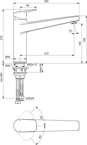 Küchenarmatur Ceraplan mit hohem Auslauf Ausladung 210mm Niederdruck Chrom