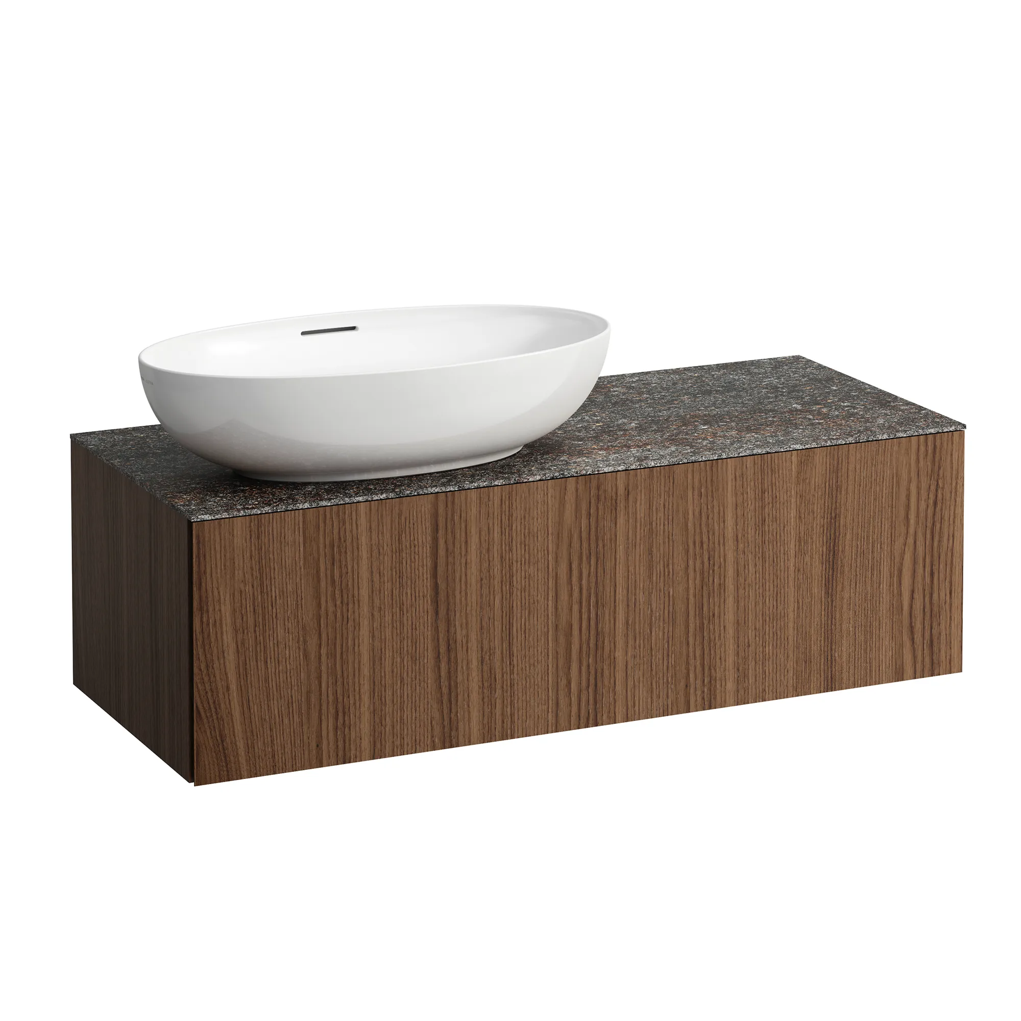 Schubladenelement (Waschtischunterbau+Waschtischplatte) ILBAGNOALESSI 500x1200x370 1 Schublade integrierte versteckte Griffe seitlich Vollauszug Soft-Close Ausschnitt links Marrone Naturale Top passend zu Waschtisch H818975/6 H818977/8 Weiß matt