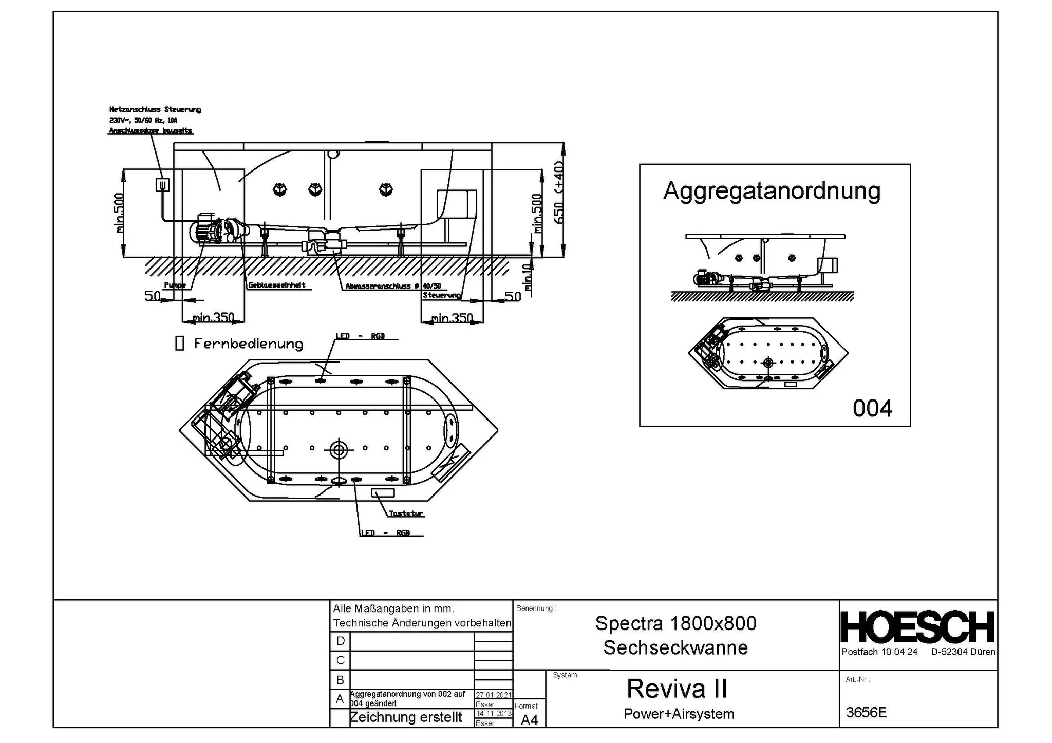 Hoesch Whirlwanne „Spectra“ mit Whirlsystem „Reviva II“ sechseck 180 × 80 cm in Weiß