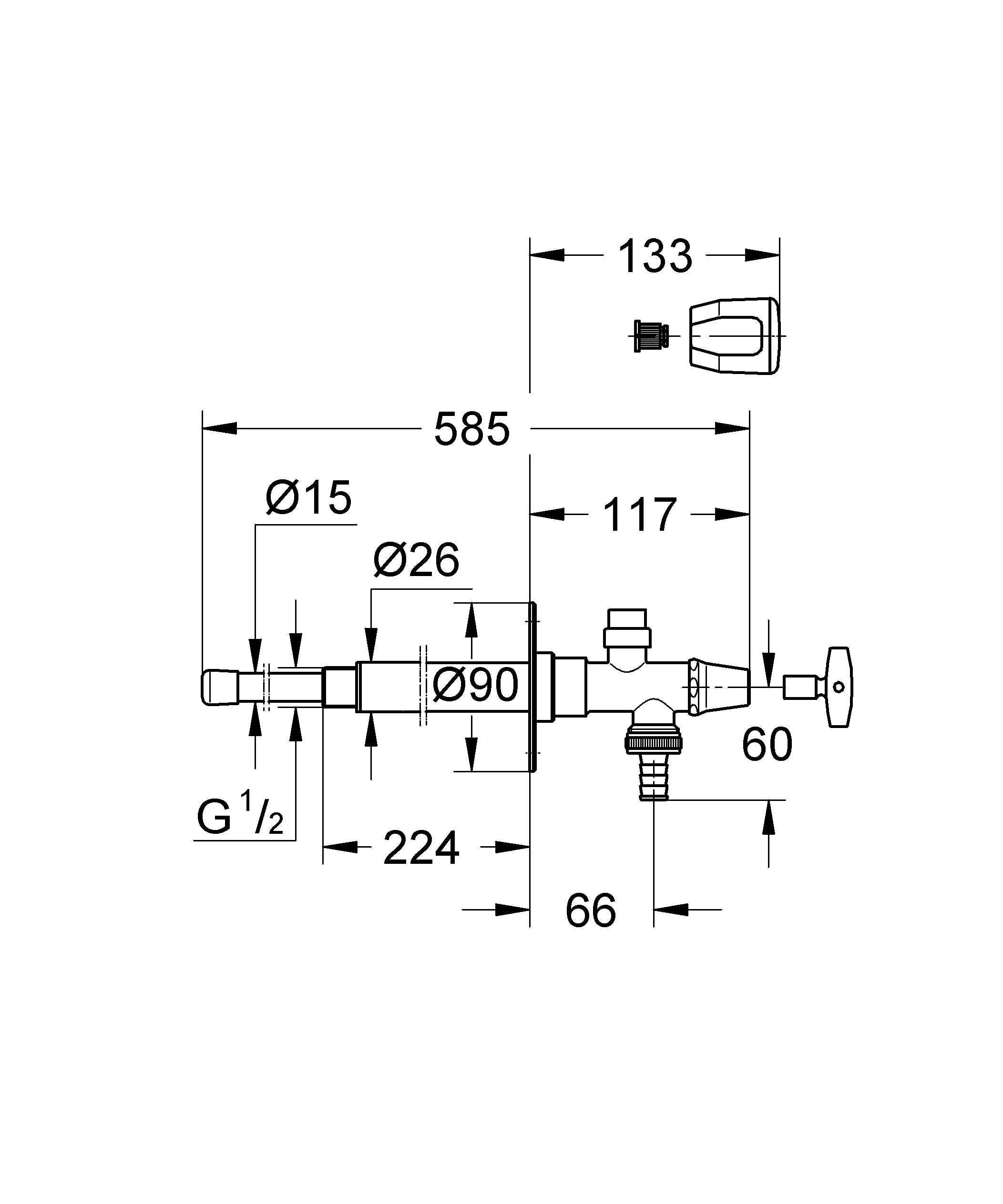 Außenwandventil Eurotec-Komplett 41212, DN 15, Einbautiefe größer gleich 260 mm, frostsicher, Steckschlüssel- und Sanitärgriff, Rückflussverhinderer Typ EB, eigensicher, chrom