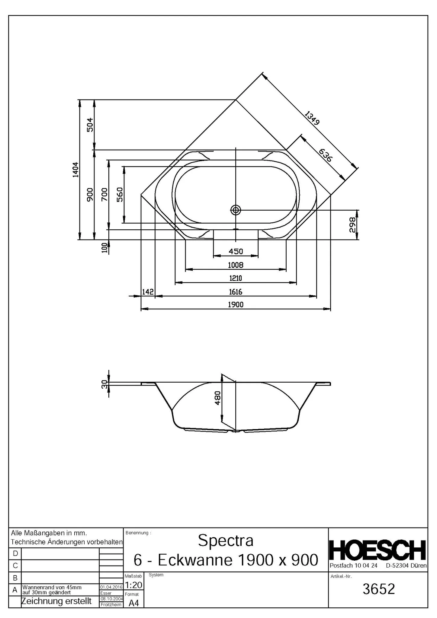 Hoesch Badewanne „Spectra“ sechseck 190 × 90 cm in Weiß