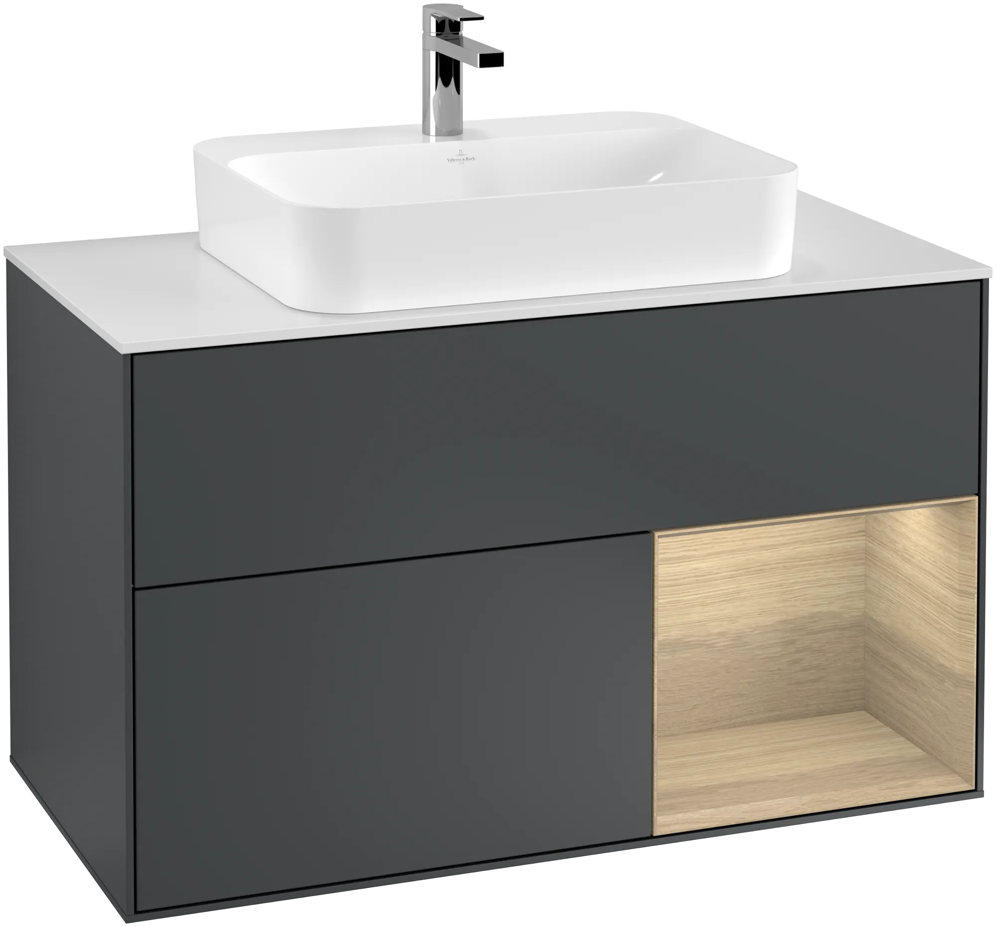 Villeroy & Boch Finion Waschbeckenunterschrank G37, Midnight Blue Matt Lacquer / Oak Veneer / Glass White Matt