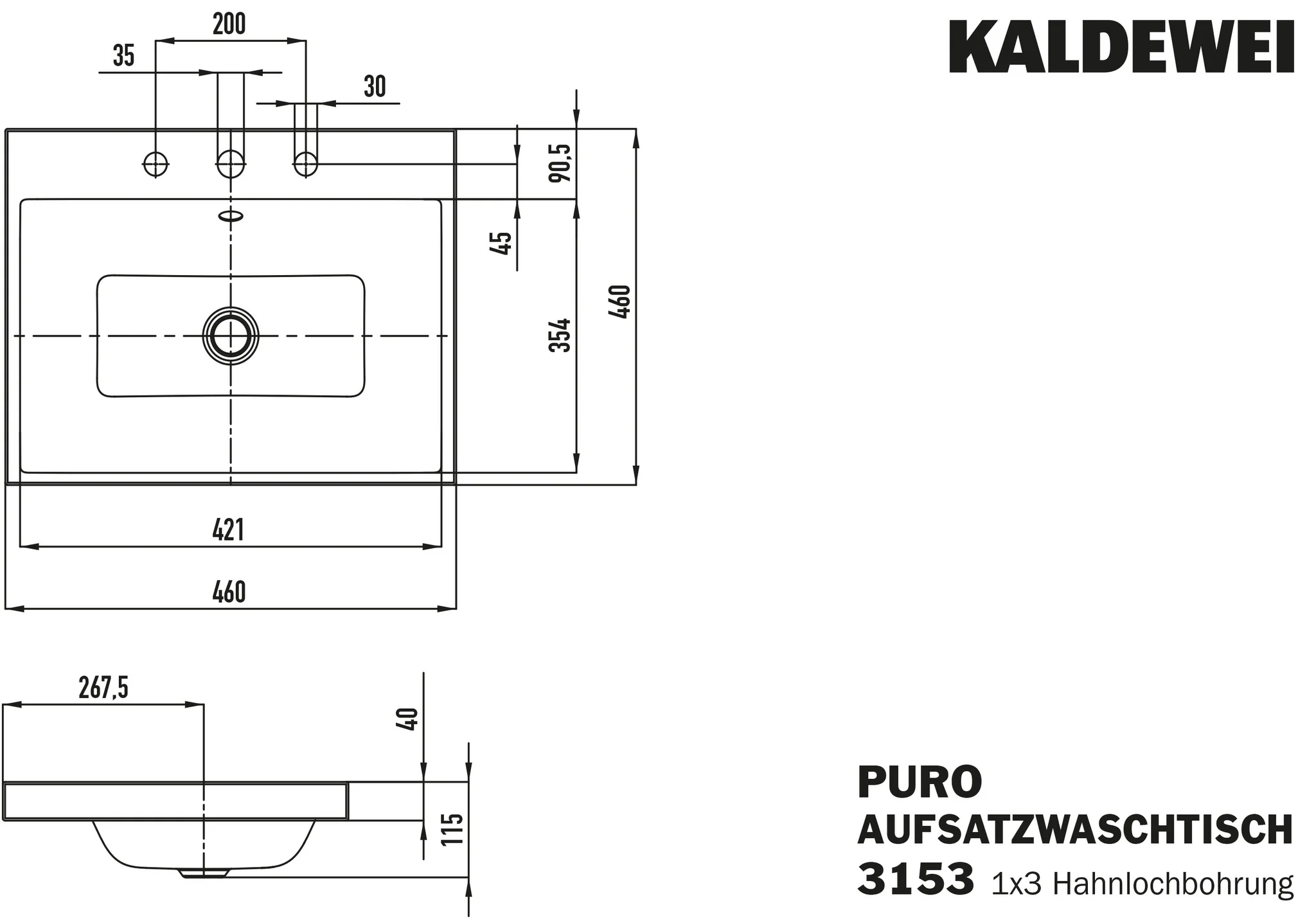 Kaldewei PURO Aufsatzwaschtisch, alpinweiß, 460x460 mm, Randhöhe 40 mm, mit 3er Hahnlochbohrung und Überlaufgarnitur chrom Kaldewei PURO Aufsatzwaschtisch, alpinweiß, 460x460 mm, Randhöhe 40 mm, mit 3er Hahnlochbohrung und Überlaufgarnitur chrom