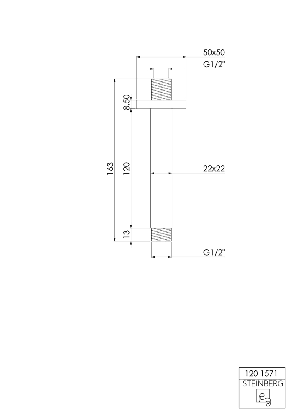 Serie 120 Brausearm 1/2 eckig, Deckenmontage 12 cm Serie 120 Brausearm 1/2 eckig, Deckenmontage 12 cm