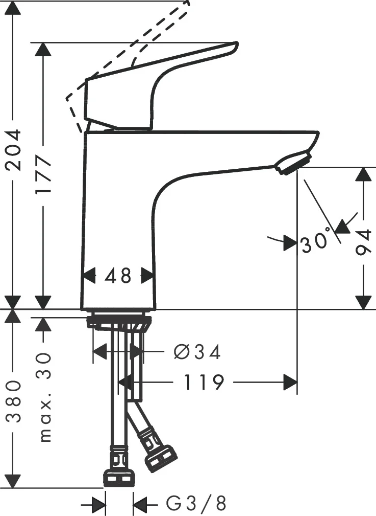 Hansgrohe Waschtischmischer Focus LowFlow, Chrom, Ausladung 119 mm, Auslaufhöhe 94 mm, Hebelgriff, Normalstrahl, max. Durchflussmenge 3,5 l/min