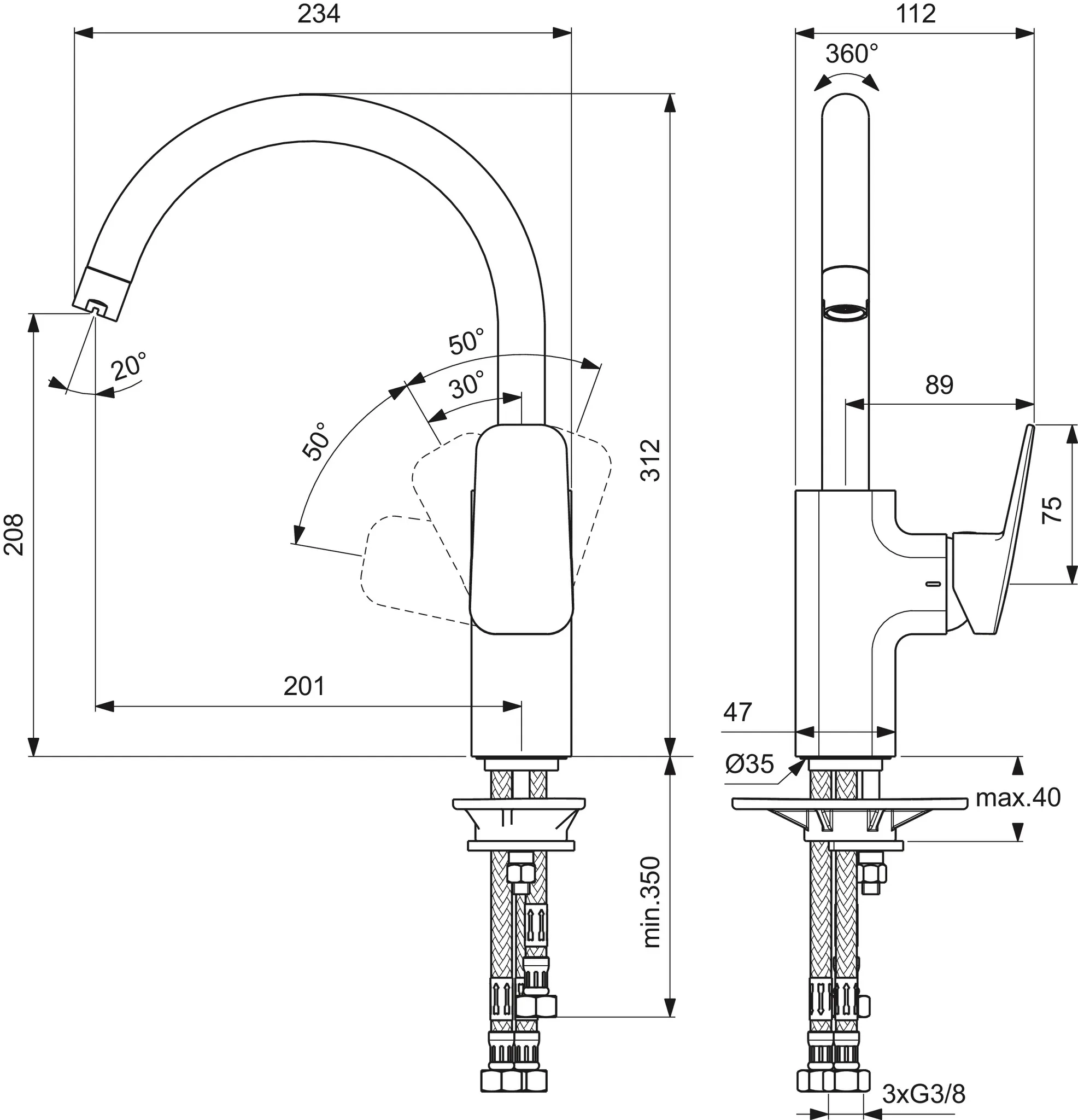 Küchenarmatur Ceraplan Ausladung 200mm mit hohem Rohrauslauf Niederdruck Chrom