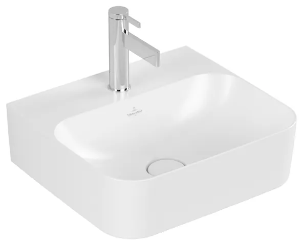 Villeroy & Boch Handwaschbecken aus TitanCeram „Finion“ 430 × 390 × 140 mm, mit Hahnlochbohrung, Hahnlochposition mittig in Stone White, mit CeramicPlus Villeroy & Boch Handwaschbecken aus TitanCeram „Finion“ 430 × 390 × 140 mm, mit Hahnlochbohrung, Hahnlochposition mittig in Stone White, mit CeramicPlus