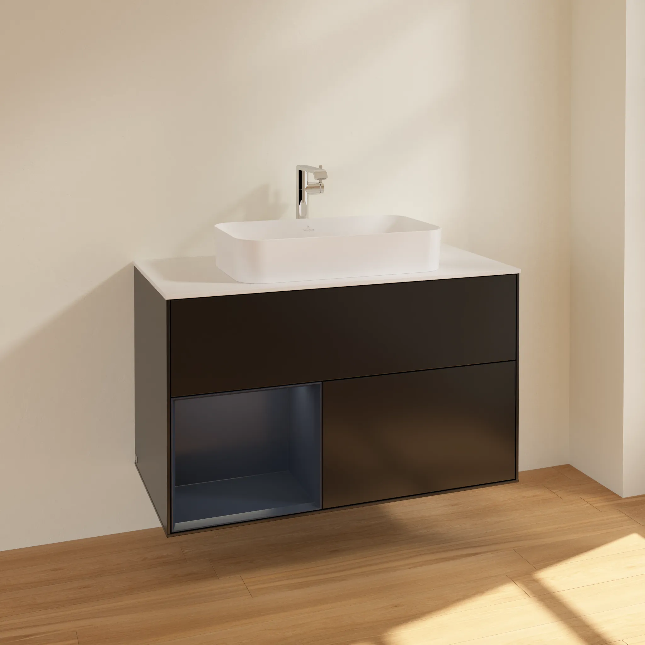 Villeroy & Boch Waschbeckenunterschrank Finion F24, 1000x603x501 mm, Black Matt Lacquer / Midnight Blue Matt Lacquer, mit Beleuchtung und Push-to-open Funktion
