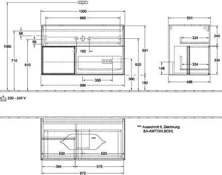 Villeroy & Boch Waschtischunterschrank „Finion“ für Schrankwaschtisch 100 × 60,3 × 50,1 cm 2 Schubladen, für Waschtischposition mittig, inkl. Beleuchtung mittig