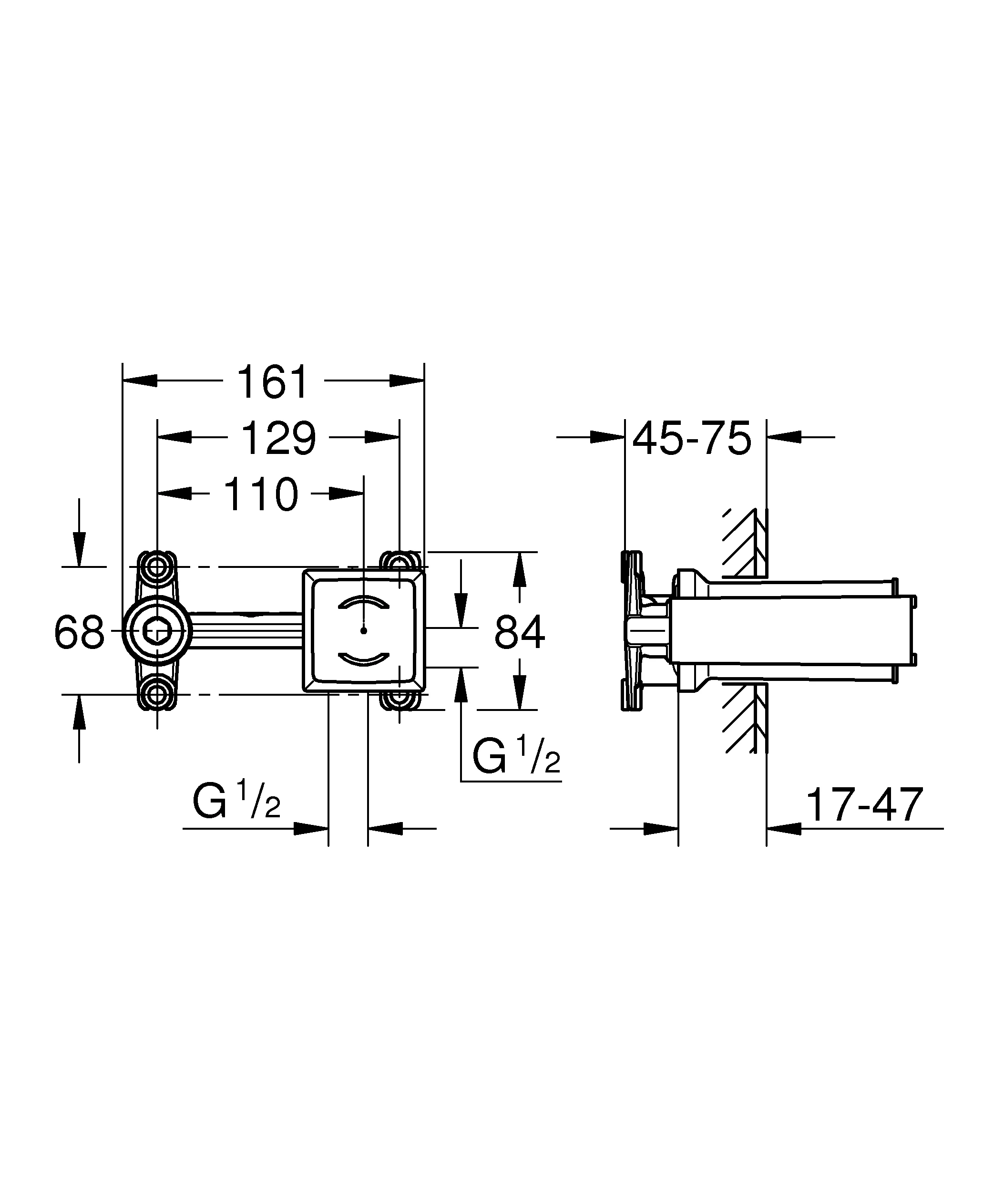 Einhand Unterputz-Universal-Einbaukörper 23200_2, DN 15, für 2-Loch-Waschtischbatterien Wandeinbau, 35 mm Keramikkartusche, mit Dichtmanschette, für normgerechte Wanddurchführung bei Wassereinwirkung nach DIN 18534:2017
