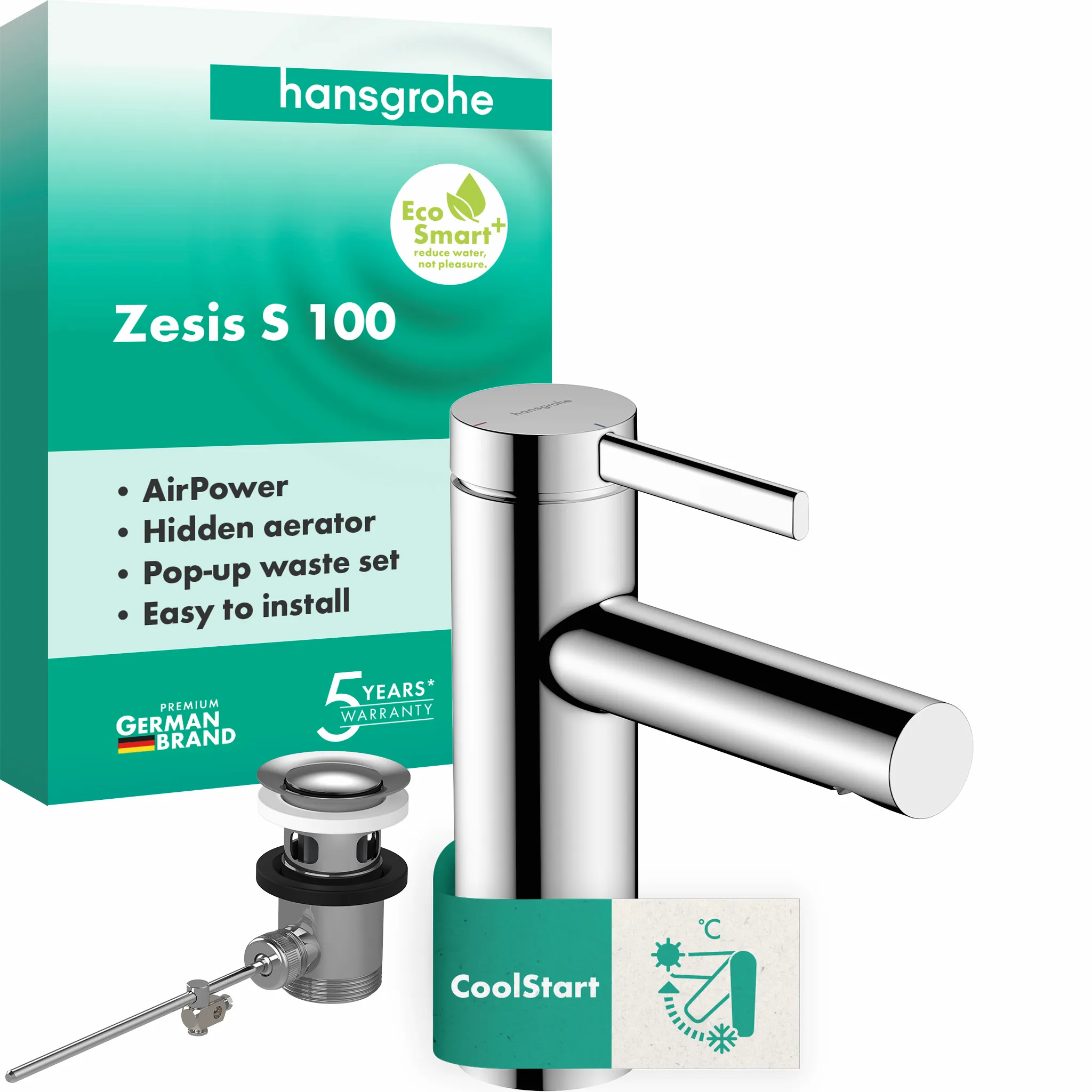 Hansgrohe Einhebel-Waschtischmischer Zesis S CoolStart, Chrom, Ausladung 115 mm, Auslaufhöhe 104 mm, Zugstangen-Ablaufgarnitur G 1 1/4, max. Durchfluss 4 l/min