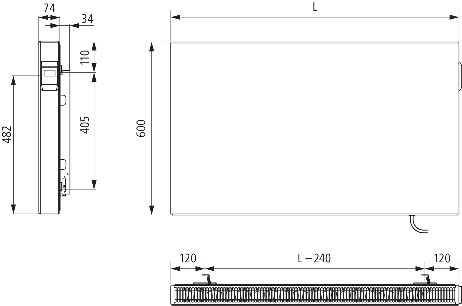 Flachheizkörper E-Panel Plan horizontal Typ 21, HxLxT: 600x1000x74 mm, Farbe: Weiß RAL 9016 seidenglanz, Reglertyp: ohne Regler Elektroset: 1500 Watt, Schutzkl.: 2, Stecker: ohne Stecker, Winkelkonsole lang