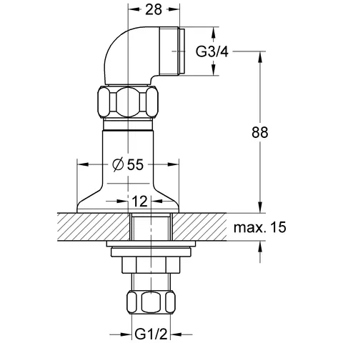 Standanschluss 12041, 1/2'', Winkel 3/4'', Anschlussverschraubung 1/2'', Bohrung der Mutter: 10,5 mm, Verstellbarkeit 12,5 mm, Ausladung 30 mm, chrom Standanschluss 12041, 1/2'', Winkel 3/4'', Anschlussverschraubung 1/2'', Bohrung der Mutter: 10,5 mm, Verstellbarkeit 12,5 mm, Ausladung 30 mm, chrom