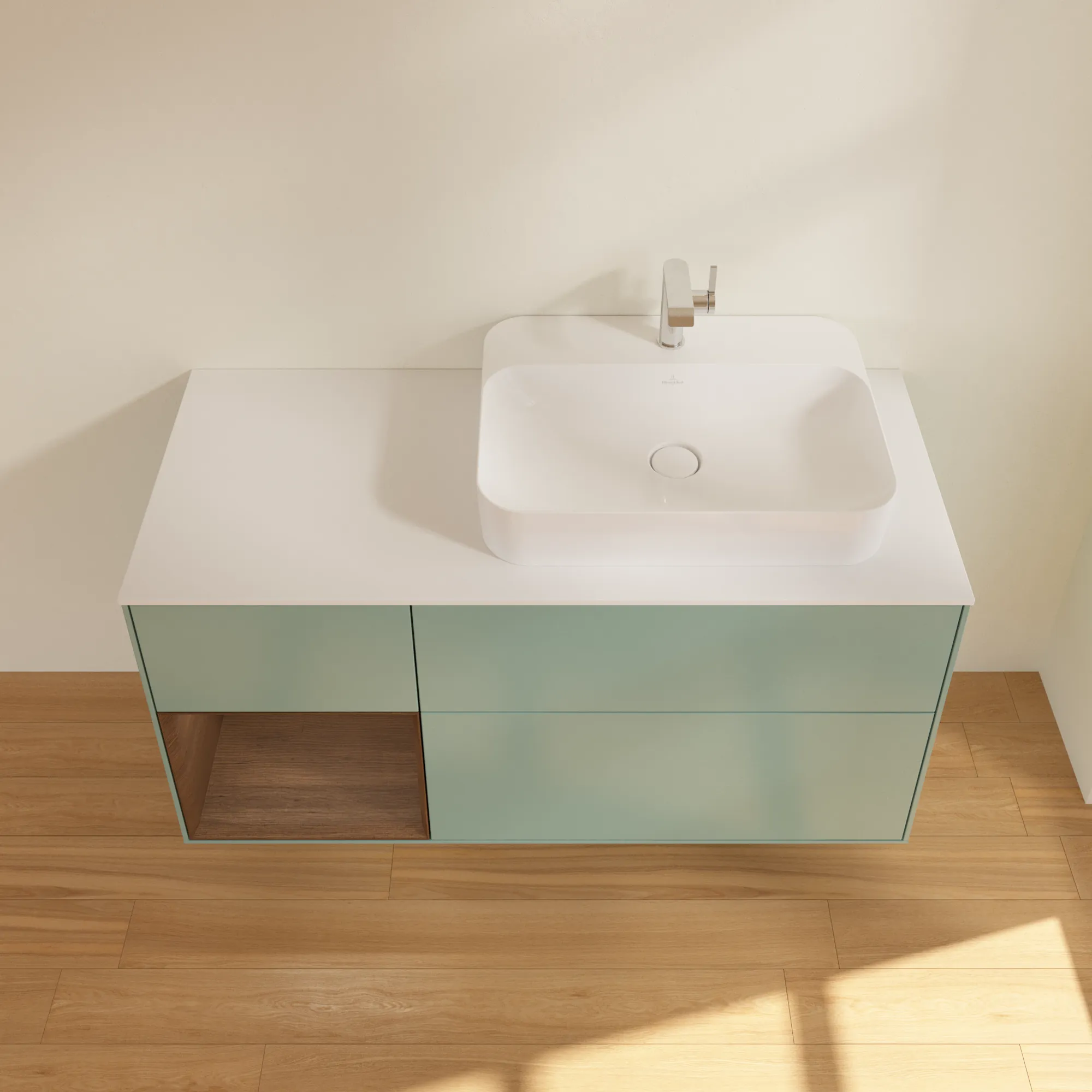 Villeroy & Boch Waschtischunterschrank „Finion“ für Schrankwaschtisch 1200 × 603 × 501 mm Olive Matt Lacquer, für Becken rechts Villeroy & Boch Waschtischunterschrank „Finion“ für Schrankwaschtisch 1200 × 603 × 501 mm Olive Matt Lacquer, für Becken rechts