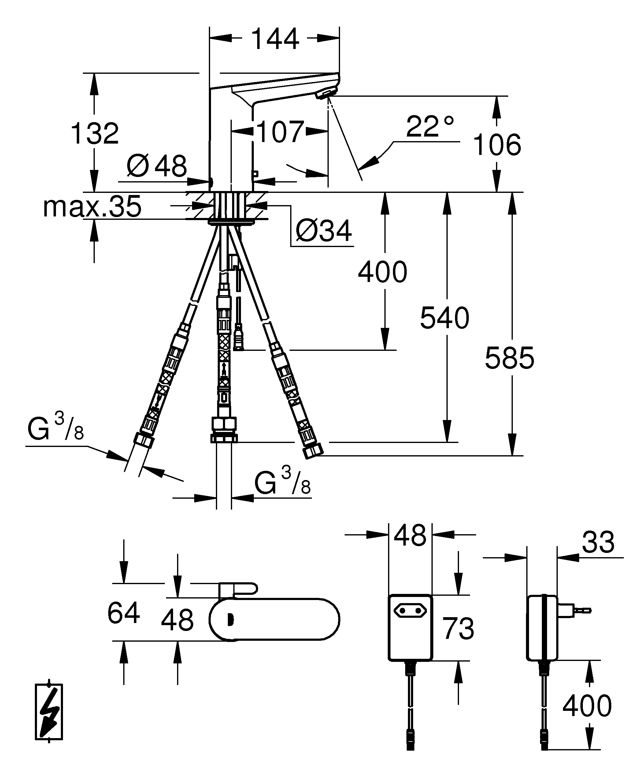 Infrarot-Elektronik für Waschtisch Eurosmart CE 36324_1, mit Mischung, und variabel einstellbarem Temperaturbegrenzer, mit Steckertrafo 100-230 V AC, 50-60 Hz, 6 V DC, Niederdruck für offene Warmwasserbereiter, chrom