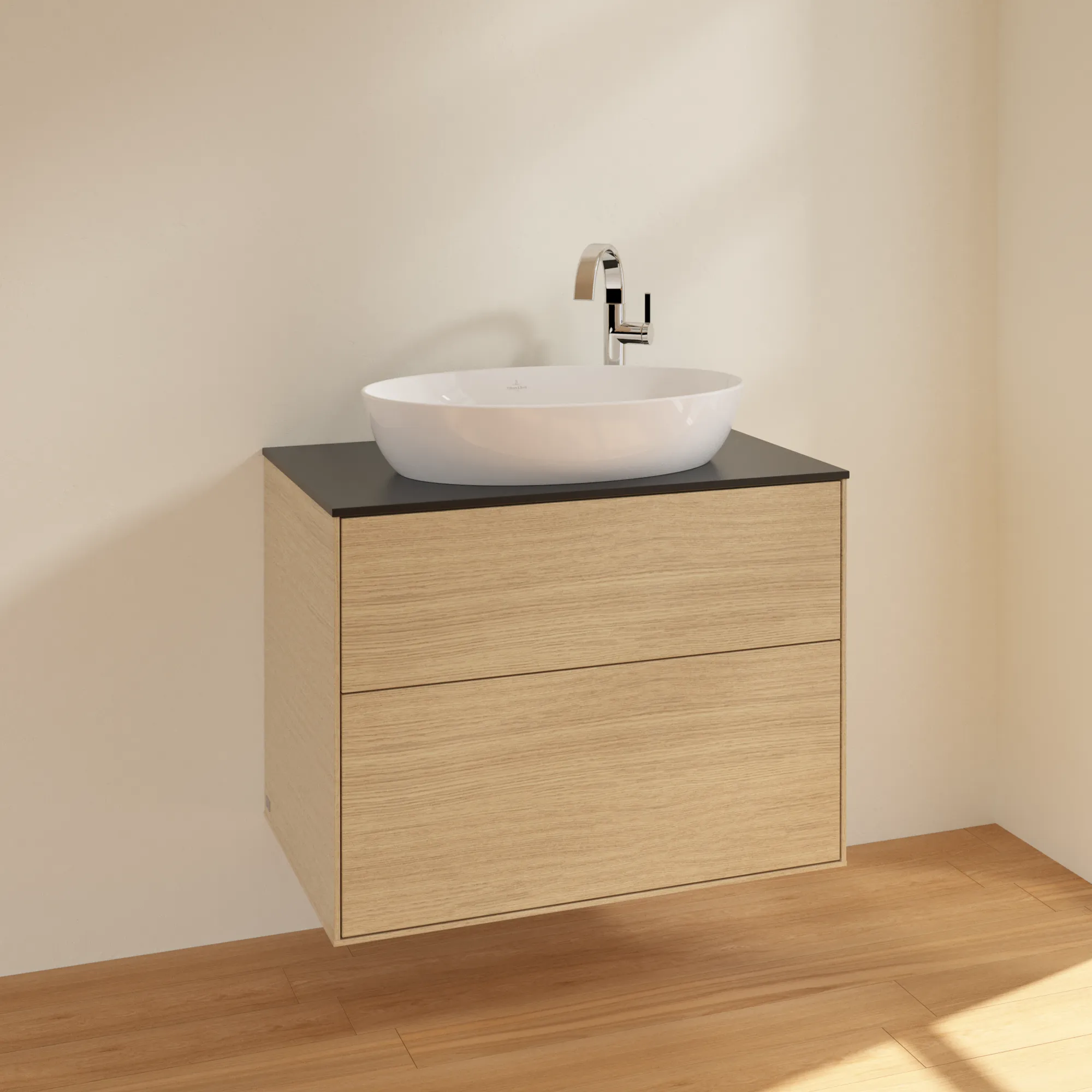 Villeroy & Boch Waschbeckenunterschrank Finion F87, Eckig Oak Veneer mit Glass Black Matt Abdeckplatte, 800x603x501mm, 48kg, Wandmontage, 2 Auszüge mit SoftClosing und Push-to-open Funktion Villeroy & Boch Waschbeckenunterschrank Finion F87, Eckig Oak Veneer mit Glass Black Matt Abdeckplatte, 800x603x501mm, 48kg, Wandmontage, 2 Auszüge mit SoftClosing und Push-to-open Funktion