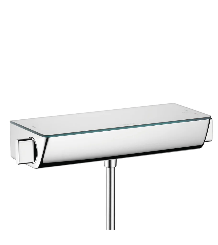 Hansgrohe Ecostat Select Brausethermostat Aufputz Chrom, DN15, 1 Verbraucher, Sicherheitssperre bei 40°C, einstellbare Temperaturbegrenzung, isolierte Wasserführung, Rückflussverhinderer, Schalldämpfer, Ablage aus Sicherheitsglas mit Spiegelglasoberfläch Hansgrohe Ecostat Select Brausethermostat Aufputz Chrom, DN15, 1 Verbraucher, Sicherheitssperre bei 40°C, einstellbare Temperaturbegrenzung, isolierte Wasserführung, Rückflussverhinderer, Schalldämpfer, Ablage aus Sicherheitsglas mit Spiegelglasoberfläch