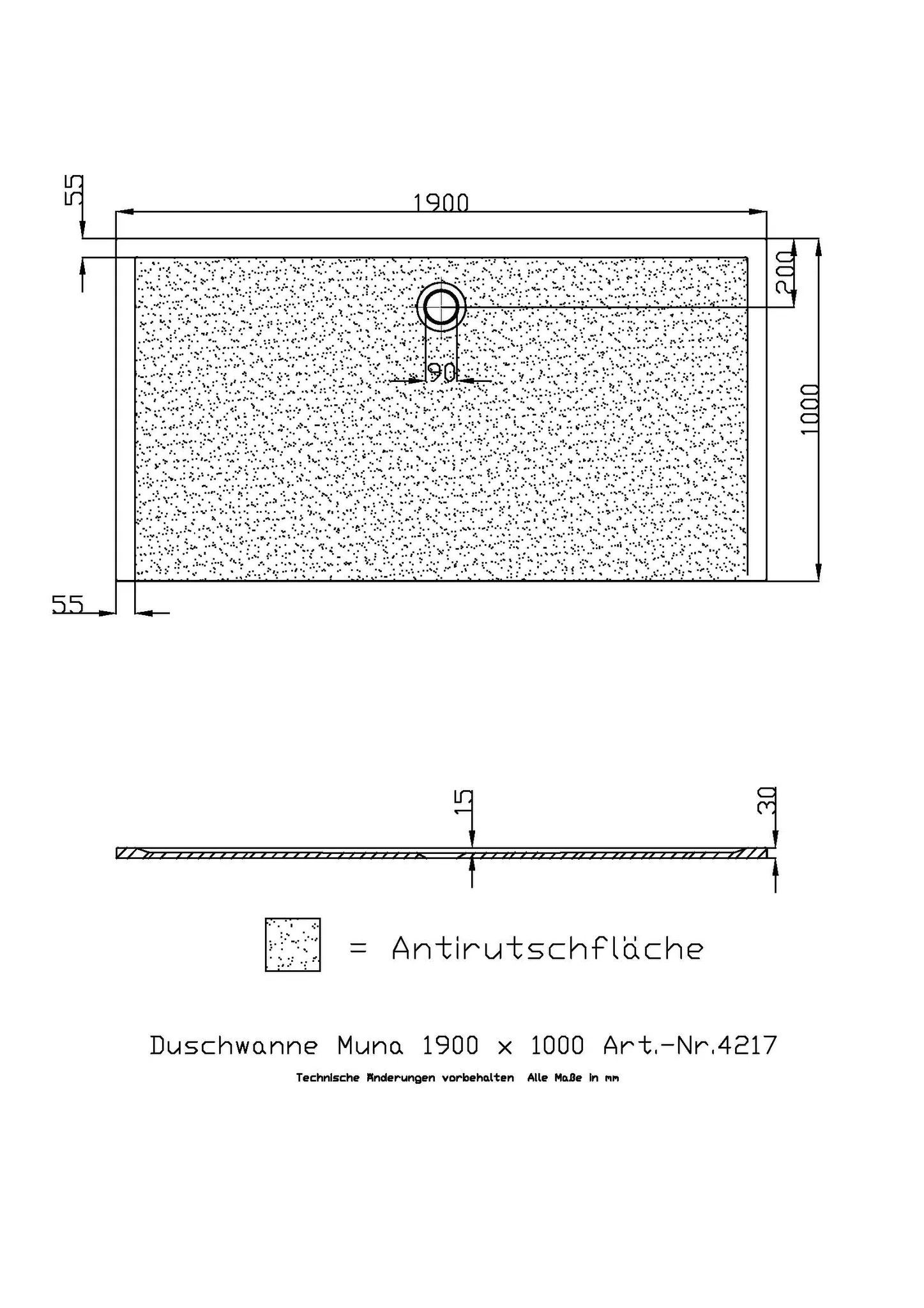 Hoesch Muna Duschwanne Mineralguss Solique, Weiß, 1900x1000x30mm