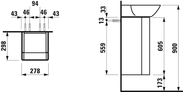 Laufen Waschtischunterbau „INO“ 310 × 605 × 280 mm Nussbaum dunkel, Anschlag rechts