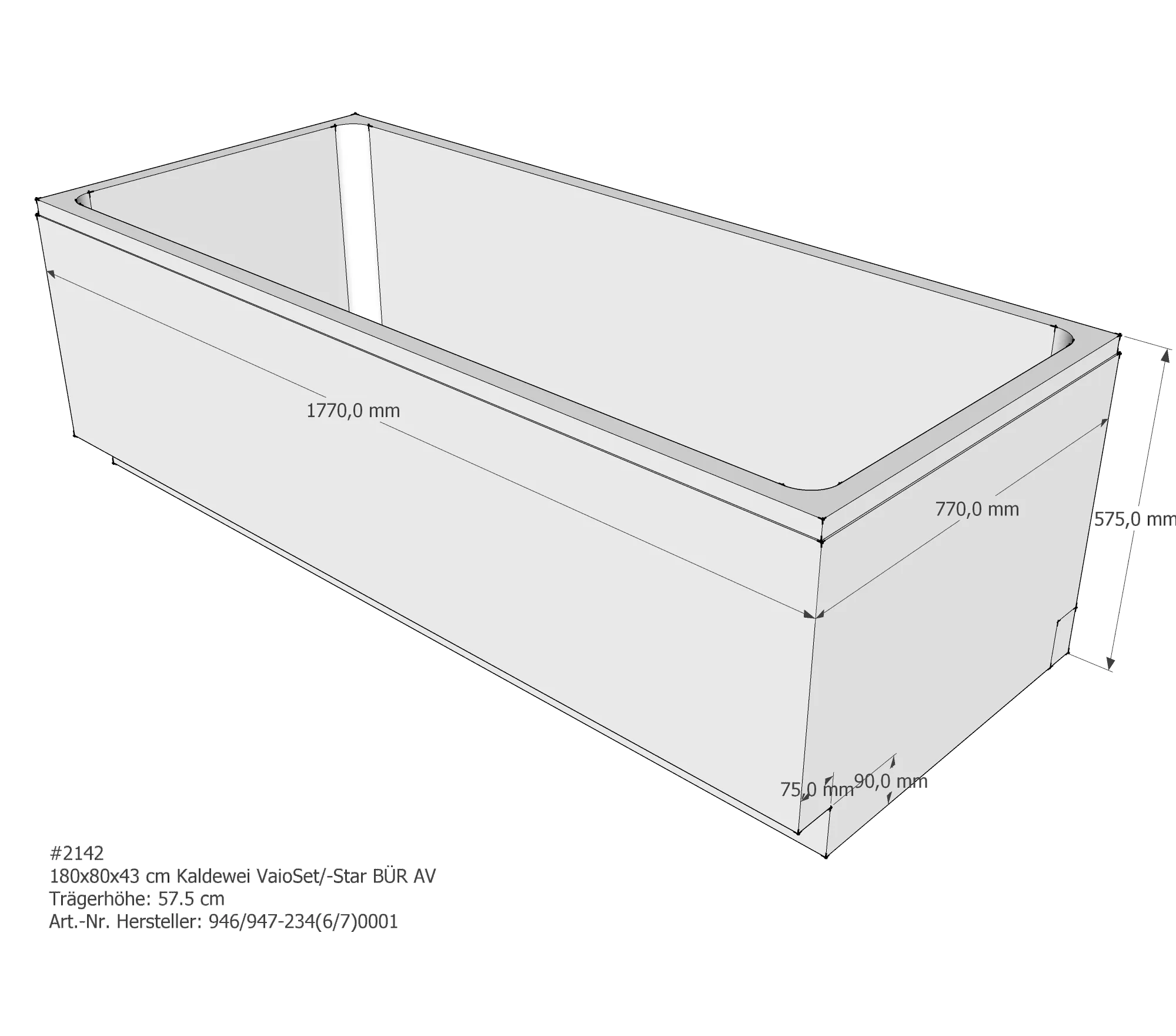 Badewannenträger für Kaldewei Vaio Set 180 × 80 × 43 cm Ab- und Überlaufposition: vorn / Breite: 80 cm / Länge: 180 cm