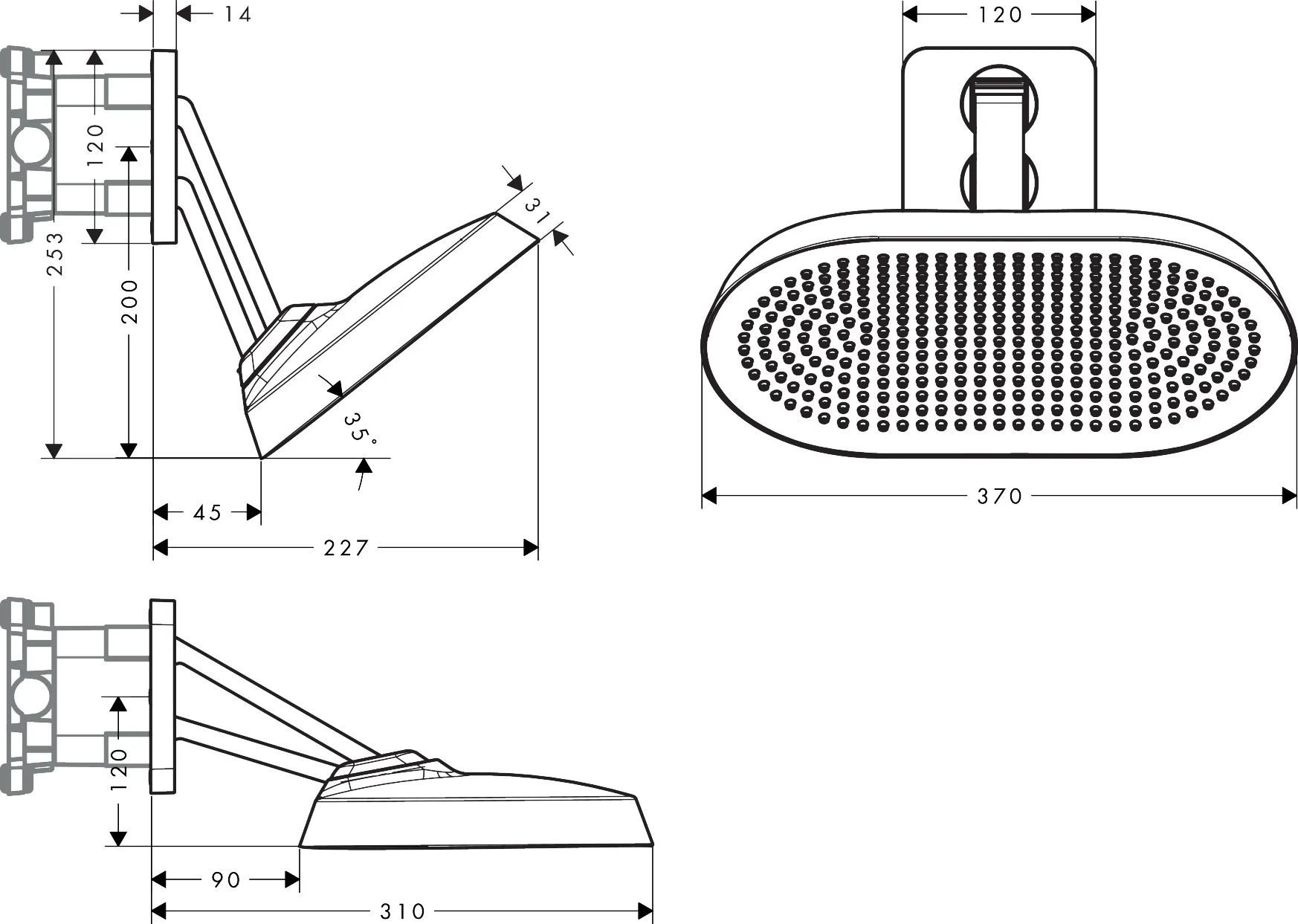 Hansgrohe AXOR ShowerSphere Kopfbrause 370x220 mm, 2jet EcoSmart, beweglicher Brausearm Chrom