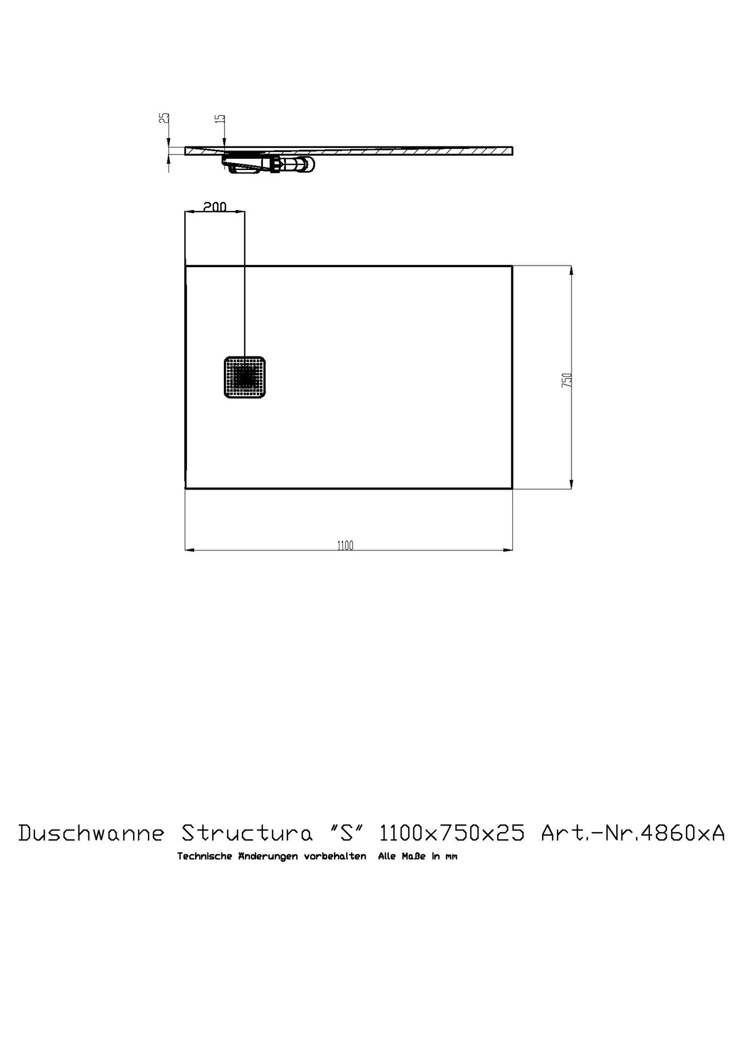 Duschwanne Structura ″S″ 1100x750x25 in gesoftete Schieferoptik, mit Antirutsch B, Material Solique, Weiß