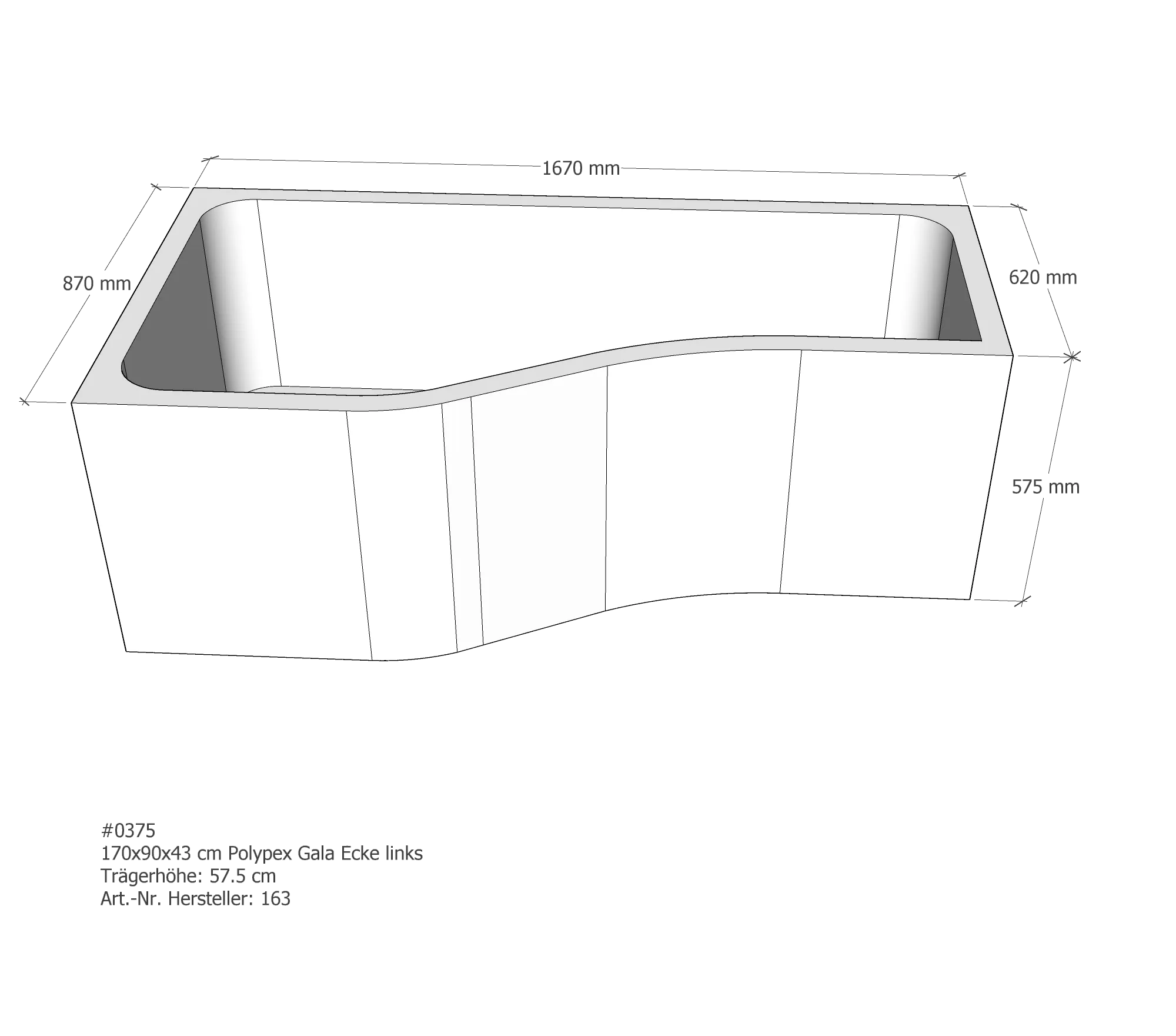 Badewannenträger passend für Polypex Gala Ecke links links 170 × 90 × 43 cm