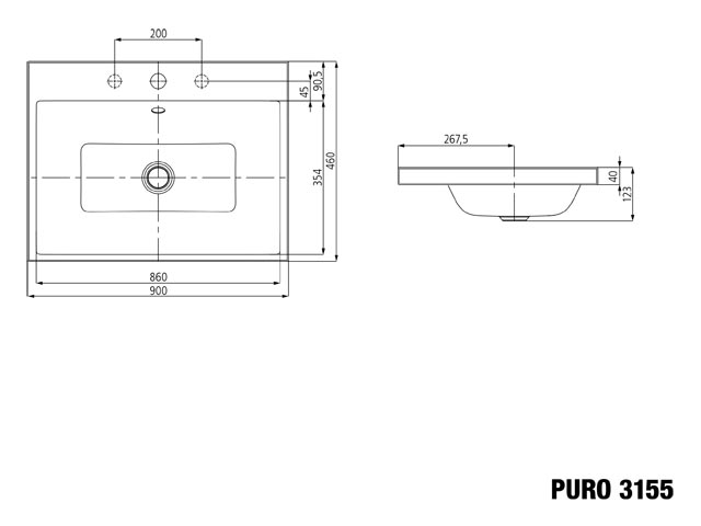 Aufsatzwaschtisch „Puro“ 90 × 46 cm, mit Überlauf, mit Hahnlochbohrung in alpinweiß mit Perl-Effekt